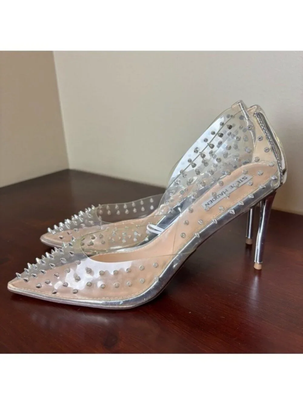 Steve‎ Madden Vala Silver Spike Stud Clear Stiletto 4